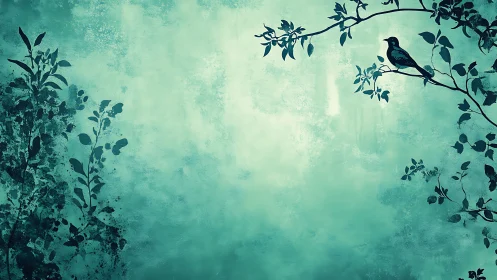 Solitary songbird on teal branches in misty negative space.