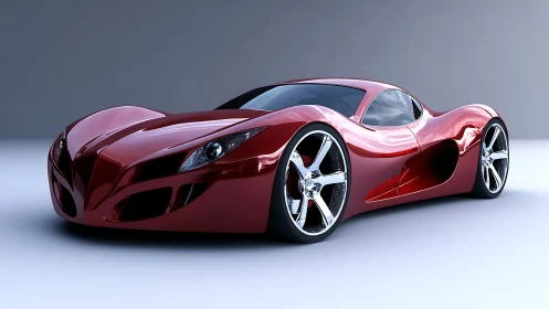 Futuristic red concept supercar gleams on minimalist studio stage.
