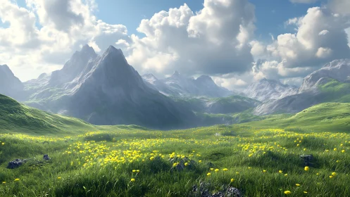 Sunlit valley of wildflowers beneath quiet mountain peaks.