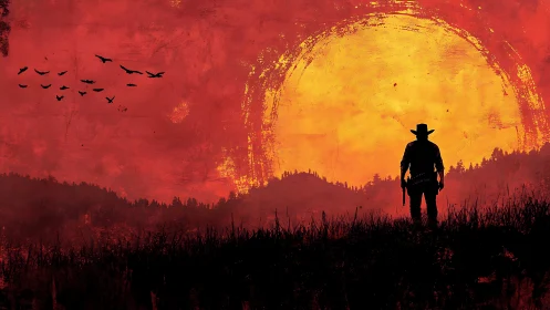 Silhouetted cowboy stands before oversized textured sun