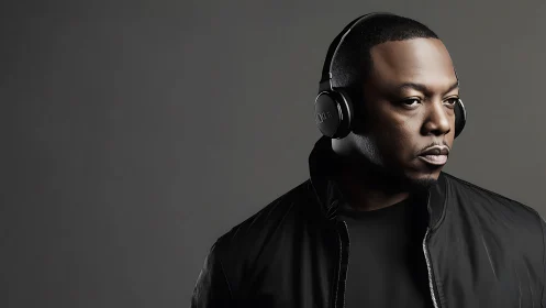 Side-lit man wearing closed-back headphones on neutral gray backdrop