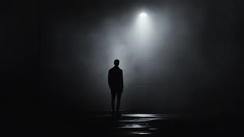 Lone night wanderer pausing beneath a reluctant streetlamp.