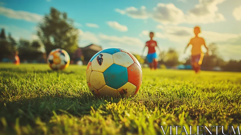 Low-angle depth-of-field study of sunlit youth soccer field.