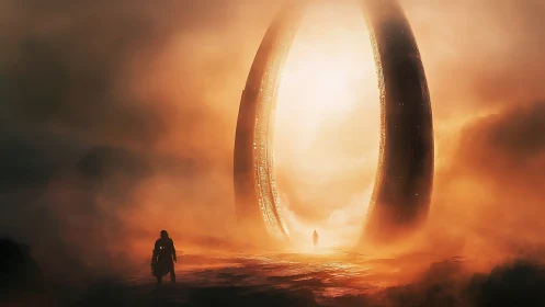 Radiant alien gateway glows as lone travelers step toward destiny