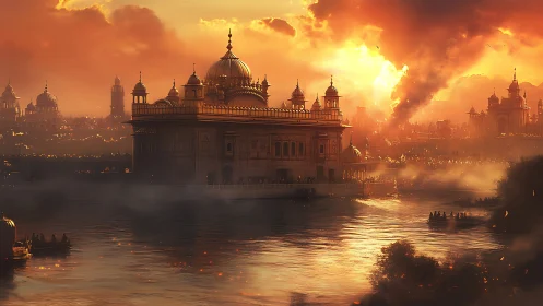 Sunlit domed riverside temple rendered in cinematic digital art