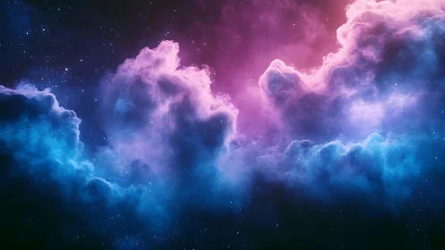 Starlit nebula clouds drift in violet and electric blue calm.