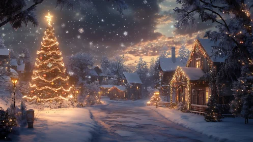 Snowy village street glows under a grand Christmas tree.