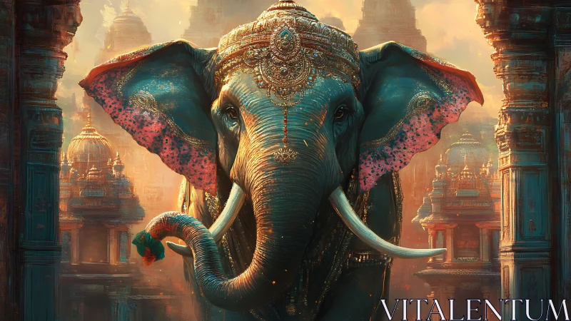 Decorated elephant stands between ornate temple columns