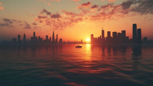 Solitary boat courting a molten city sunset horizon.