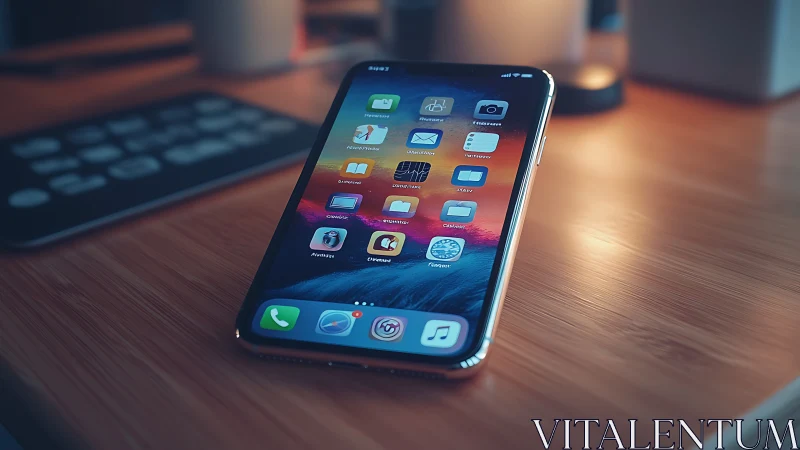 Apple iPhone with App Grid on Warm Wooden Desk Setup