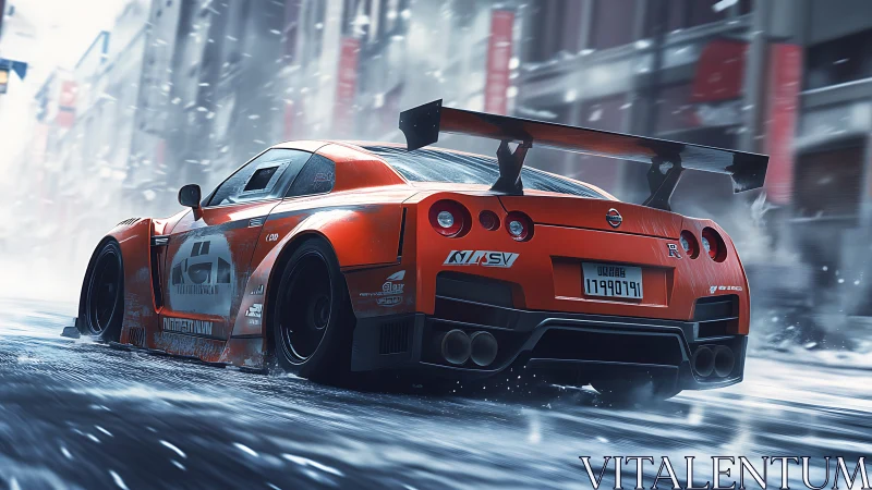 Aerodynamic GT racer drifting through wet urban streetscape.