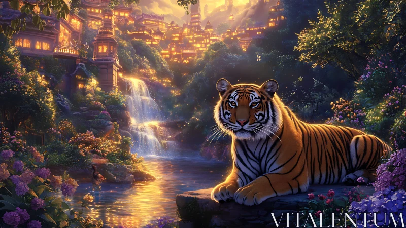 Majestic tiger resting beside luminous cascade near terraced city