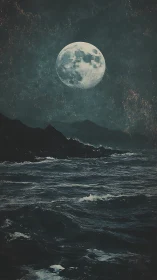 Digital painting seascape with full moon and rugged coastline.