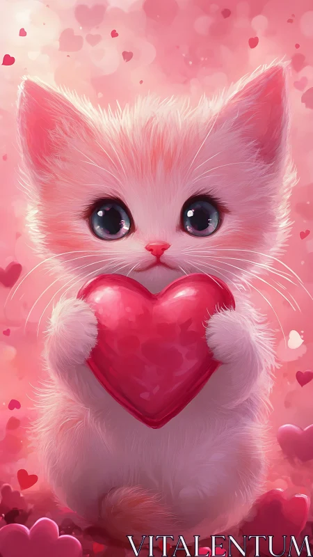 Pink Cat Holding Red Heart Shape Object