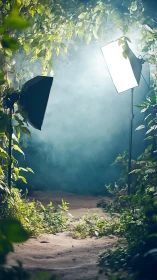 Studio lighting equipment illuminates a foliage-lined sandy path