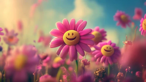 Smiling daisies in dreamy garden landscape.