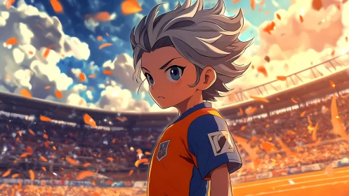 Anime stadium portrait with dynamic depth and warm lighting.