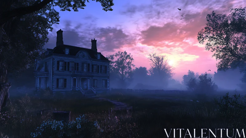 Haunted country mansion looms beneath an eerie violet dawn