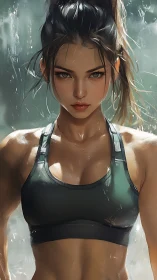 Focused athletic woman in rain-soaked training portrait.