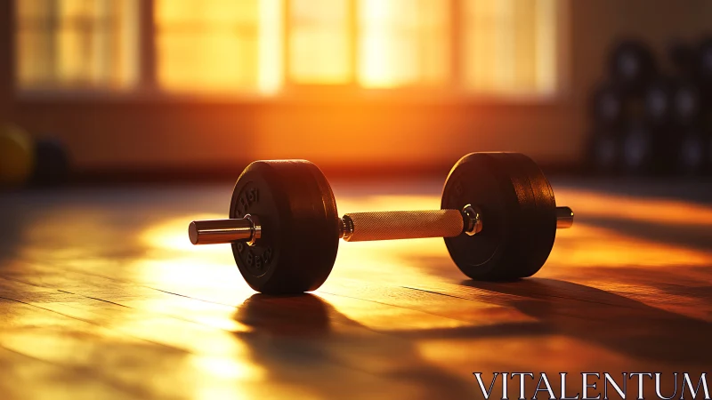 Morning sunlight crowns a lone dumbbell on polished boards