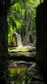 Sunlit jungle ruins emerge beyond a shadowed stone passage