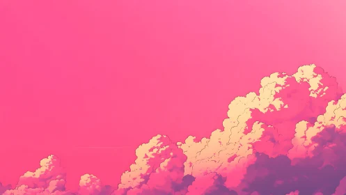 Pink sky with stylized cumulus clouds at lower edge.
