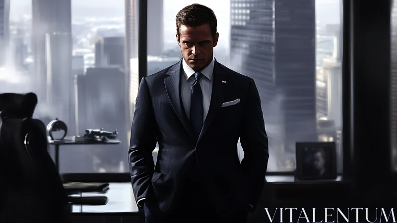 Professional man in navy suit standing in high-rise office