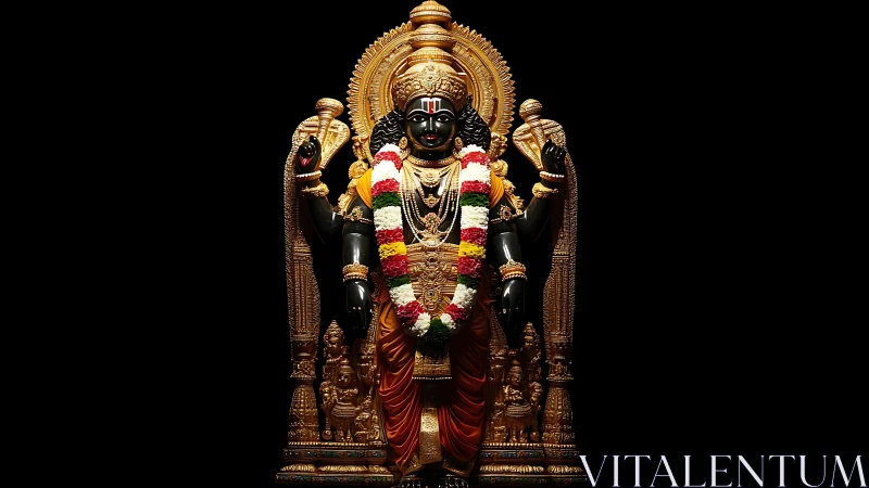 Ornate black stone deity idol with gold archway and garlands.