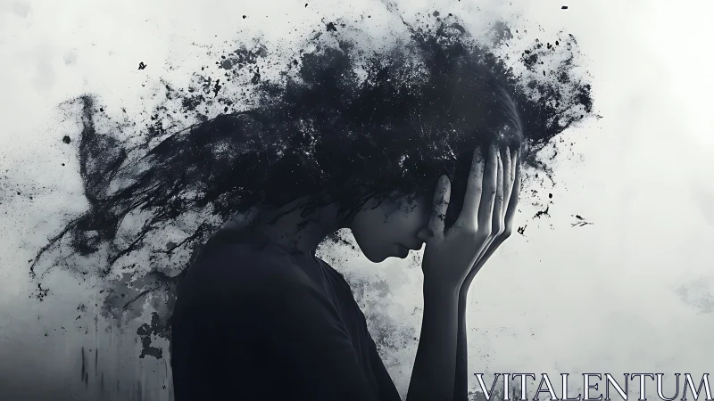 Silhouetted figure dissolves into dark abstract smoke cloud