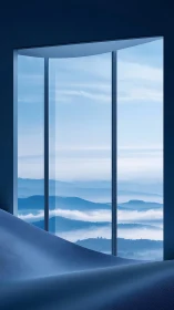Minimalist window view over misty blue mountain ranges.