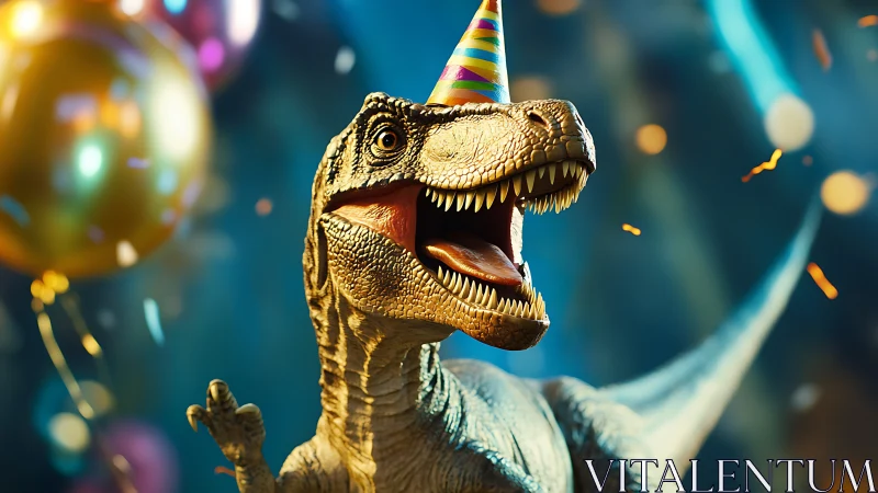 Golden Dinosaur in Party Hat Celebrates with Confetti.