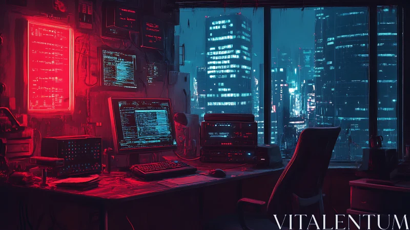 Computer workstation overlooks dense illuminated cityscape