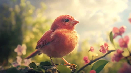 Soft-lit orange songbird on blooming spring branch.