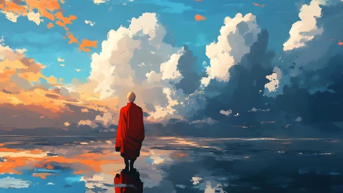 Solitary monk under vast sunset clouds over water mirror.
