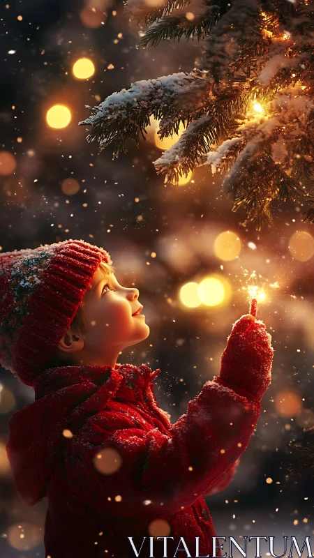 Child in red coat holding sparkler by snowy lit tree.