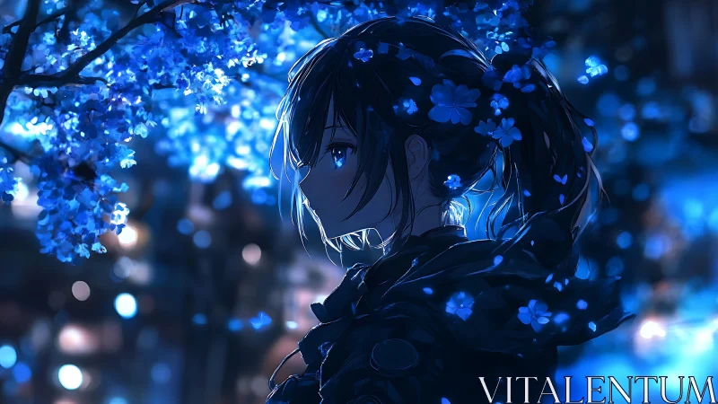 Midnight blossoms drift around a quiet neon-lit dreamer