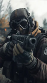 Masked tactical soldier aims rifle in tense foggy standoff