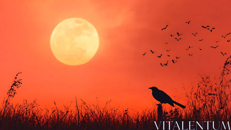 Crimson dusk sky with full moon, crow silhouette and flying bats