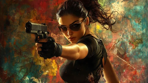 Fearless action heroine framed by bold urban colors.