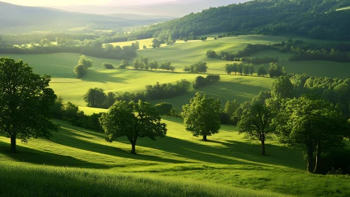 Layered sunlit hills with rolling gradients and dense tree coverage
