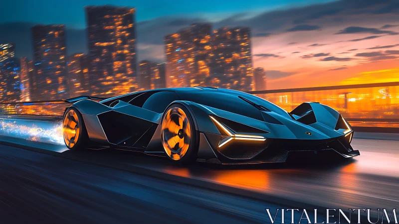 Futuristic sports car travels along illuminated urban highway