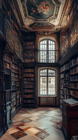 Opulent baroque library corridor with frescoed ceiling.