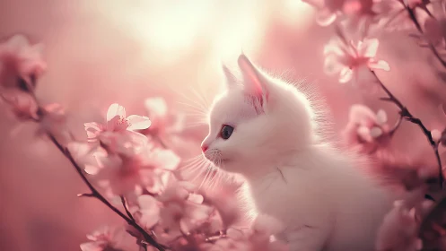 White Feline Portrait Among Bloom: Soft Pink Floral Composition.