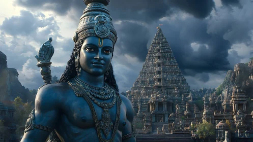 Blue deity statue dominates temple complex under storm clouds