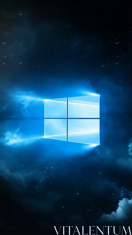 Glowing window logo in deep blue cosmic night sky.