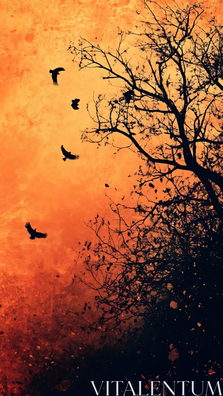 Silhouette tree and crows against textured ember sky digital painting.