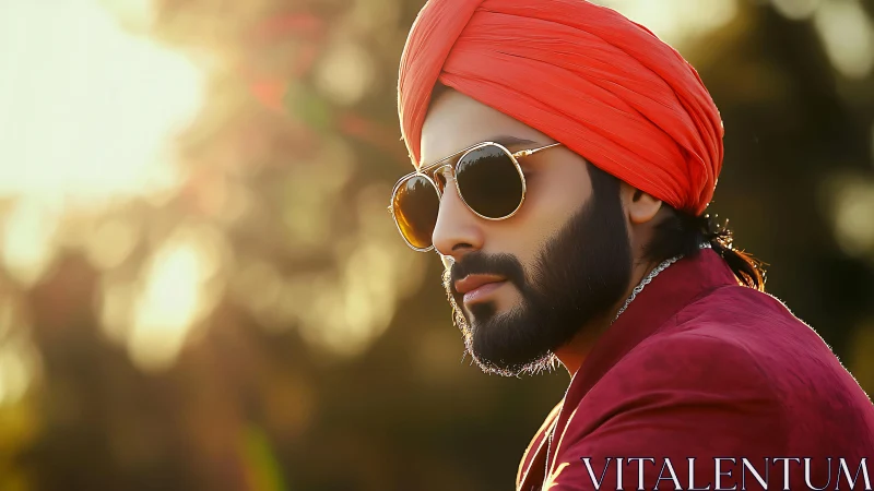 Sunlit portrait of man in orange turban and sunglasses.