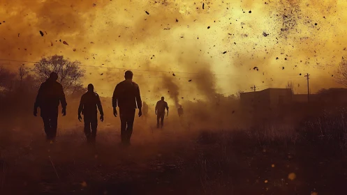 Silhouetted figures walk through dense airborne debris field