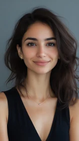 Portrait of young woman against plain gray studio backdrop.
