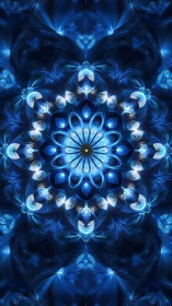 Radiant blue fractal mandala forms luminous floral core